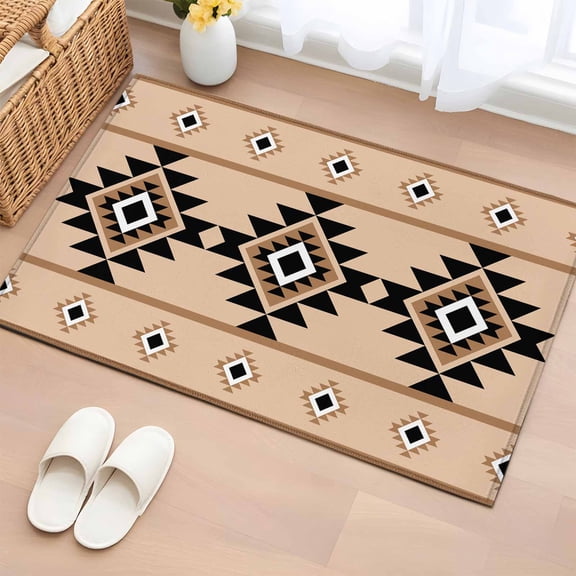 2x3 Ft Entryway Area Rug, Brown Black Boho Kitchen Rug Runner Washable Floor Mat, Country Aztec Southwest Geometric Non Slip Indoor Door Mat Throw Carpet for Bathroom Living Room Bedroom
