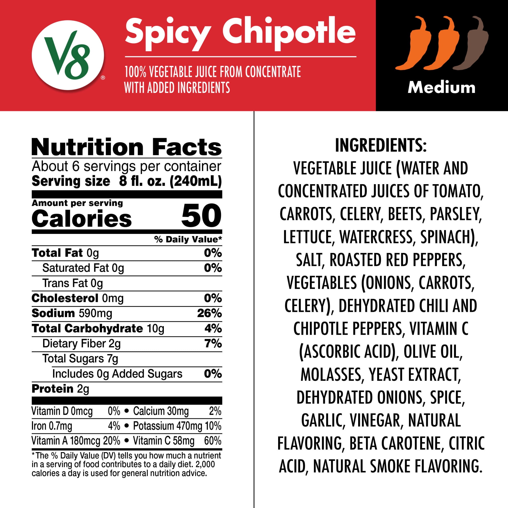 (4 pack) V8 Spicy Chipotle 100% Vegetable Juice, 46 fl oz Bottle