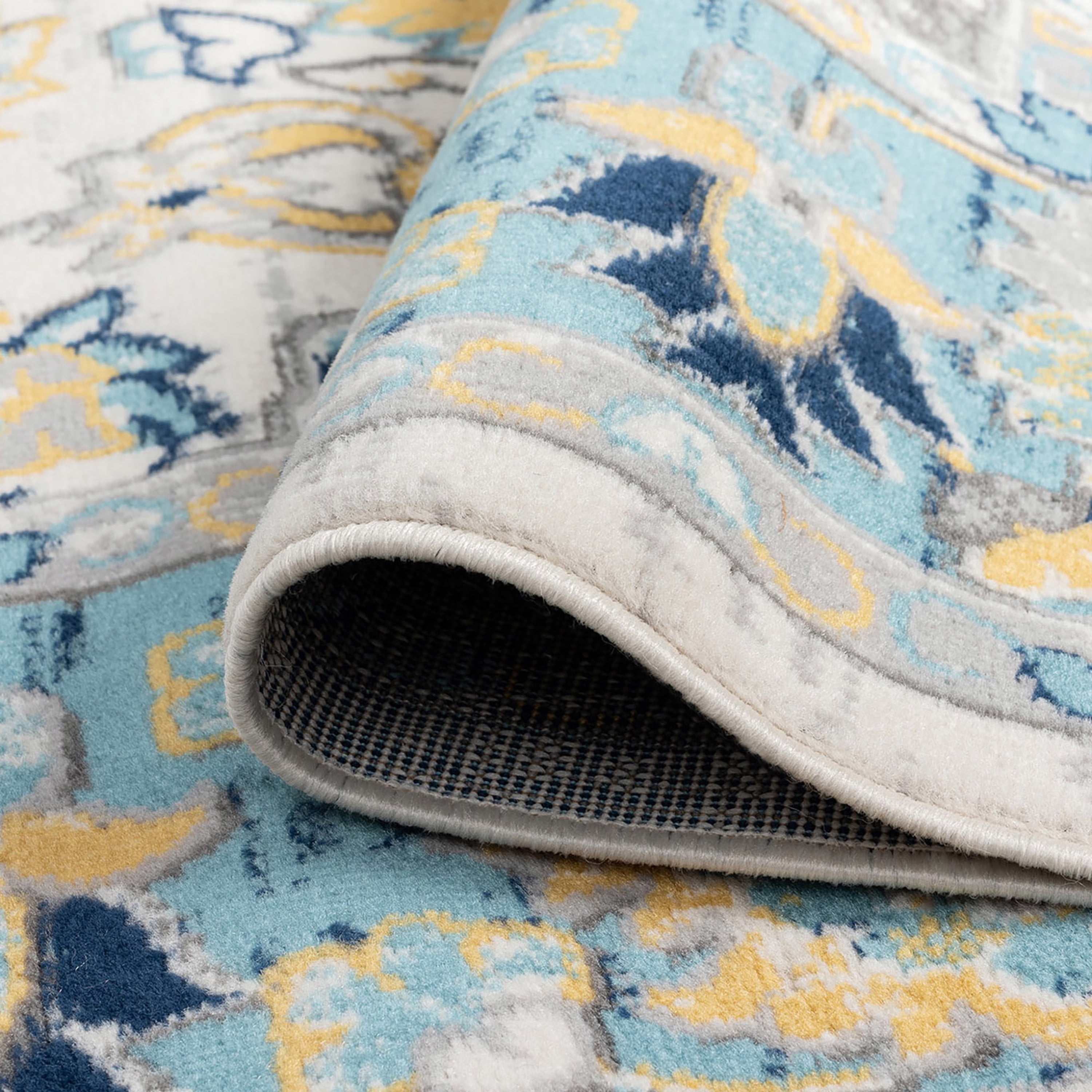 Transitional 8x10 Area Rug (7'11'' x 10'3'') Oriental Aqua, Yellow Living Room Easy to Clean