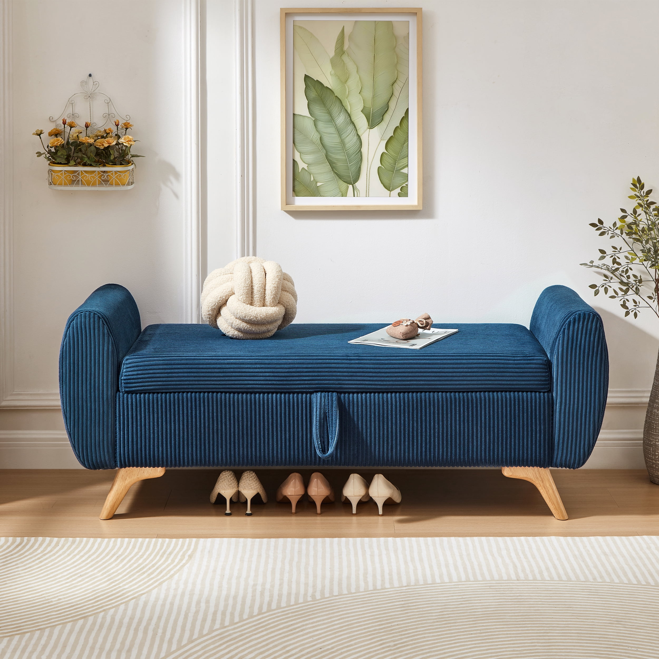 Storage Bed Bench 57 Inch, Corduroy Upholstered Bench with Flip Top Storage for Bedroom Hallway, Blue