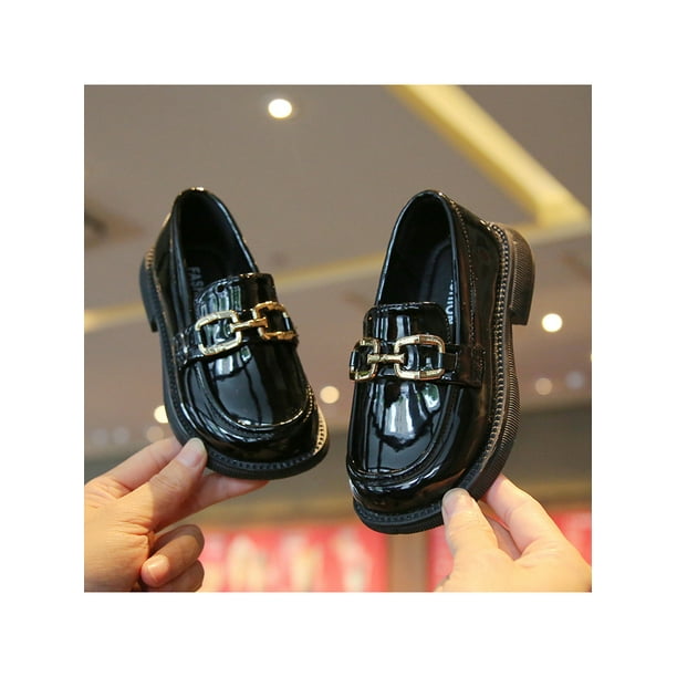Woobling Unisex Loafers Slip On Flats Comfort Dress Shoes Chain Decor Leather Shoe Girls Boys Vintage School Black 11.5C