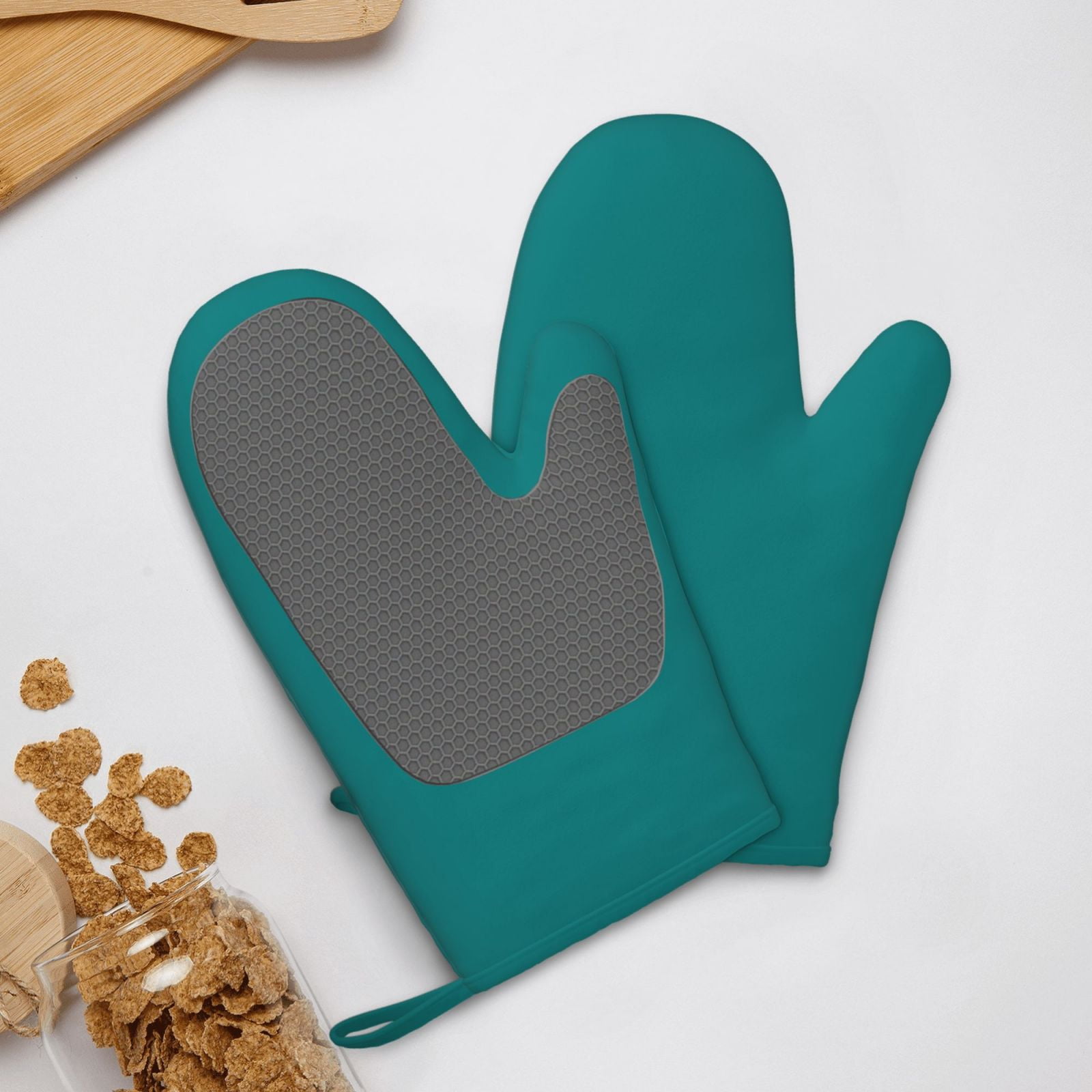 Hirioo Teal for Silicone Oven Mitts for BBQ, Baking, Cooking, Set of 2, Heat Resistant 260℃, Non-Slip Kitchen Essentials