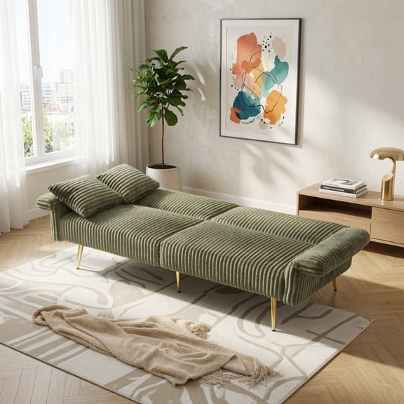79" Corduroy Sofa Bed, Foldable Double Sofa Bed with Folding Armrests, Convertible Couch for Living Room & Small Spaces, Green