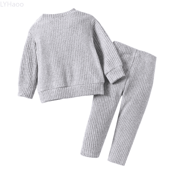 LYHaoo 2Pcs Clothing Set Girls' Casual Knitted Set With Flower Pattern Long Sleeve Top And Pants Two Piece Outfit For 0 3 Years Old Sizes 9-12 Months(Gray)
