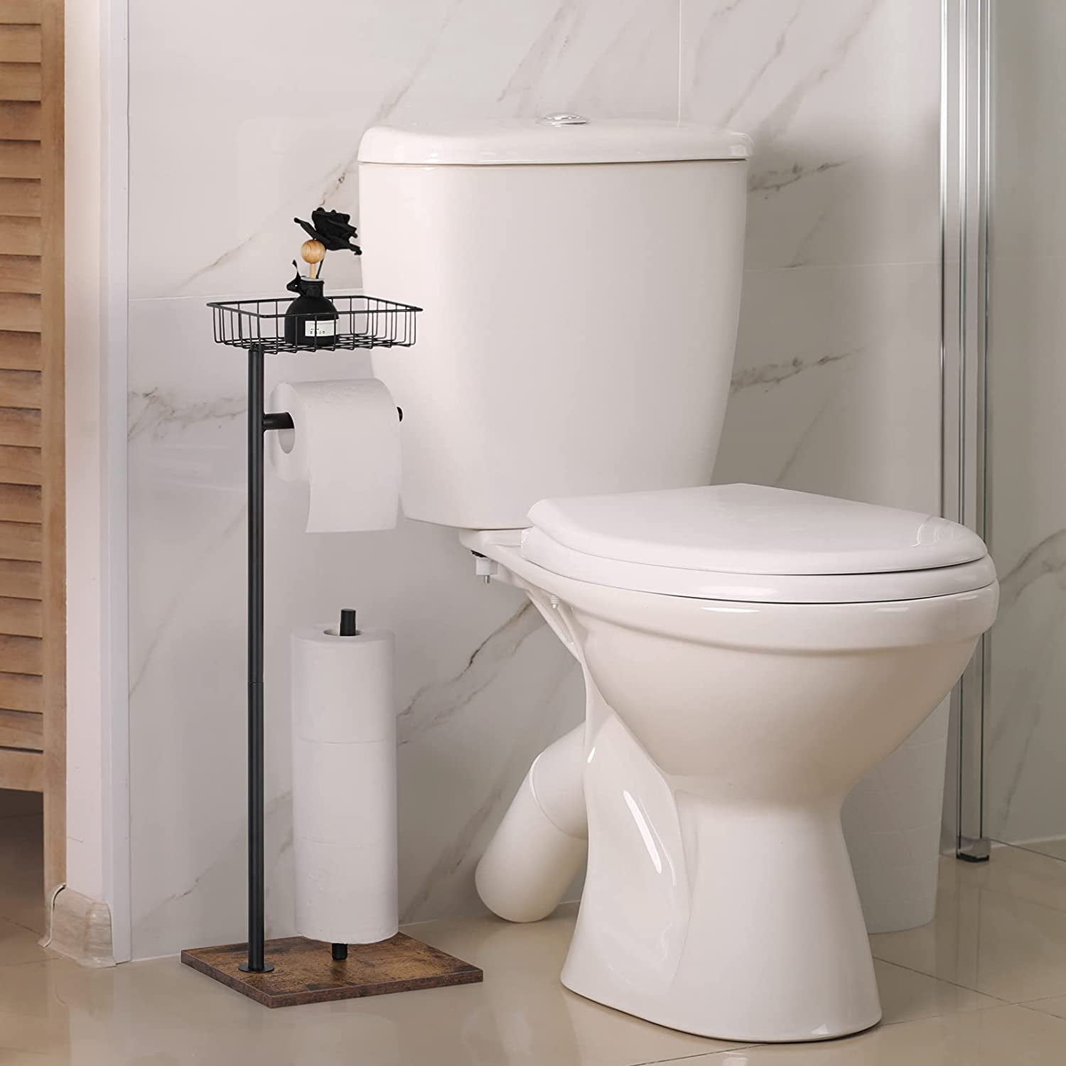 Freestanding Black Toilet Paper Holder Stand with Wood Base and Basket