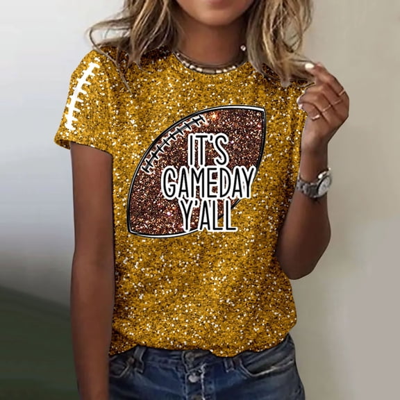 Graphic Tees for Women's T-Shirts T Womens Casual Fashion Printed Crew Neck Short Sleeve Pullover T Shirt Gold XL
