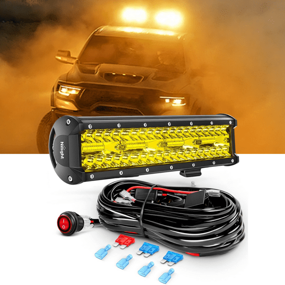12" 240W Triple Row Amber Led Light bar Flood Spot Combo Off Road Work Light Driving Boat with 16AWG  Wiring Harness Kit for UTV Jeep Truck Boat