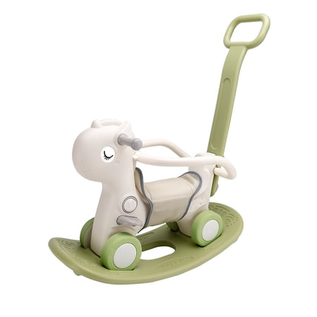 4-in-1 Rocking Horse, Detachable Balance Board, Push Rod, Guardrails & 4 Smooth Wheels, HDPE Material, 80 lbs Weight Capacity with Sound Brown, Green