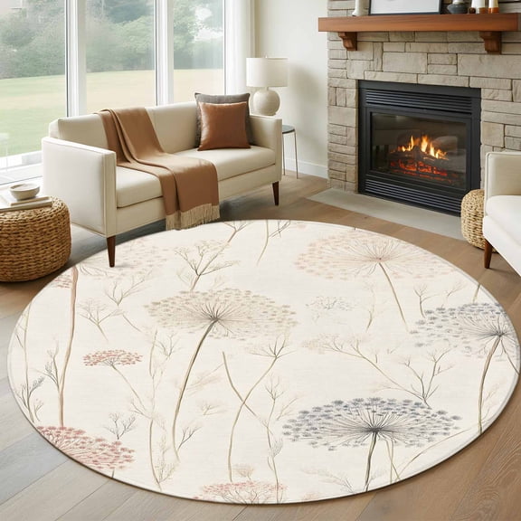 Dandelion Retro Leaves Round Area Rug 5 FT, Non Slip Bedroom Rugs, Farmhouse Botanical Watercolor Washable Soft Circular Carpet Non-Shedding Floor Mat for Kitchen Dining Room Foyer Balcony Dorm