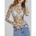 thumbnail image 3 of Argulvti Women Long Sleeve T-Shirts Polyester Floral Print Mesh See-Through Mock Neck Casual Shirts Slim Fit Layering Tops, 3 of 8