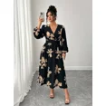 thumbnail image 3 of Plus Size Women Floral Print Elegant Crossover Neck Ruched Puff Sleeve Long Dress Fall Cloth For Women, 3 of 6