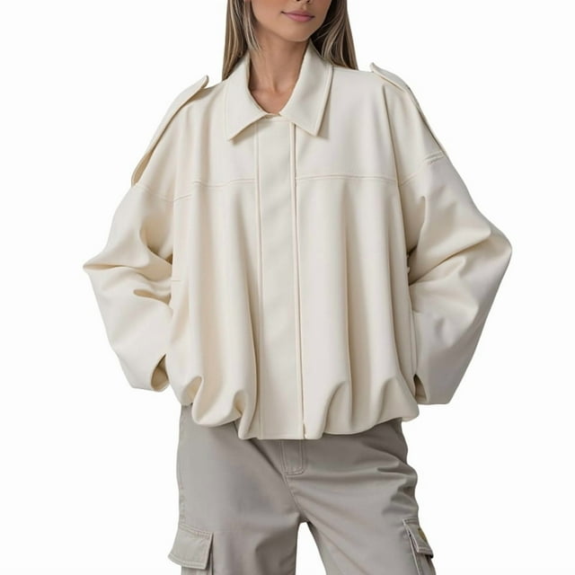 Veste en Faux Suède pour Femme Manteau à Revers de Printemps Décontracté Ample à Manches Longues Mode Style de Rue Manteau Crème Blanc P