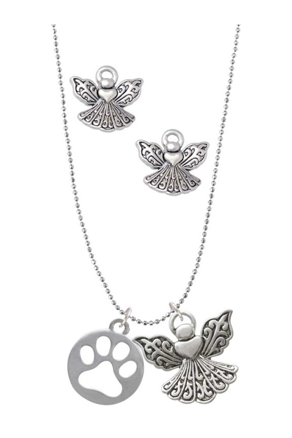 Silvertone Circle with Cut Out Paw Silver tone Guardian Angel Charm Necklace and Stud Earrings