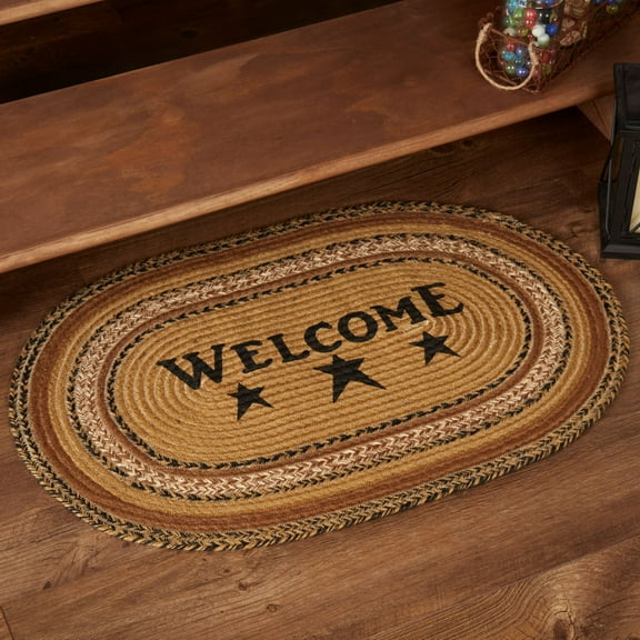 VHC Brands Kettle Grove Jute Oval Rug with Welcome Stencil 20x30 Country Braided Flooring, Caramel Brown