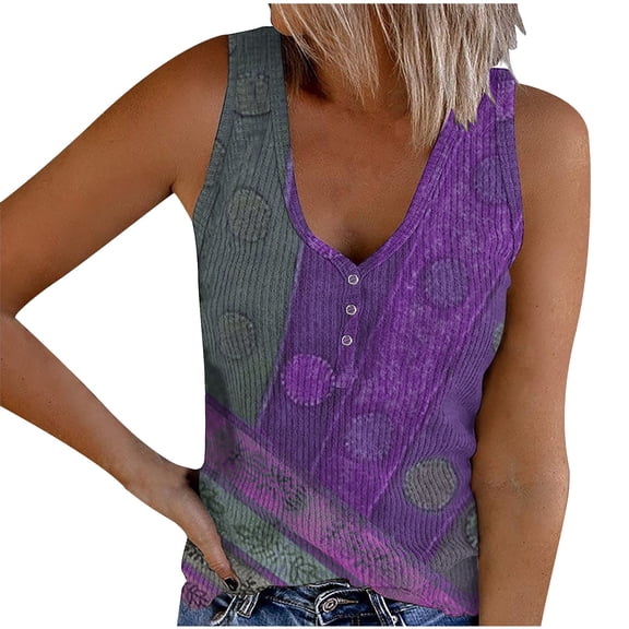DeHolifer Summer Tank Tops for Women V-Neck Ribbed Sleeveless Shirts Retro Print Button Up Blouse Casual T-Shirt Purple M