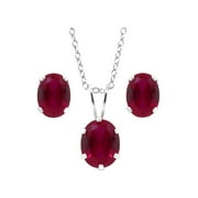 Gem Stone King 4.84 Ct Oval Created Ruby 925 Silver Pendant and Earrings Set with 18 inches Chain