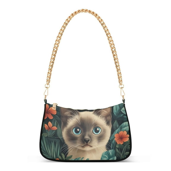 FORMRS Womens Shoulder Bag with Chain Strap Clutch Purse Cute Tote Handbag, Flowers and Cat