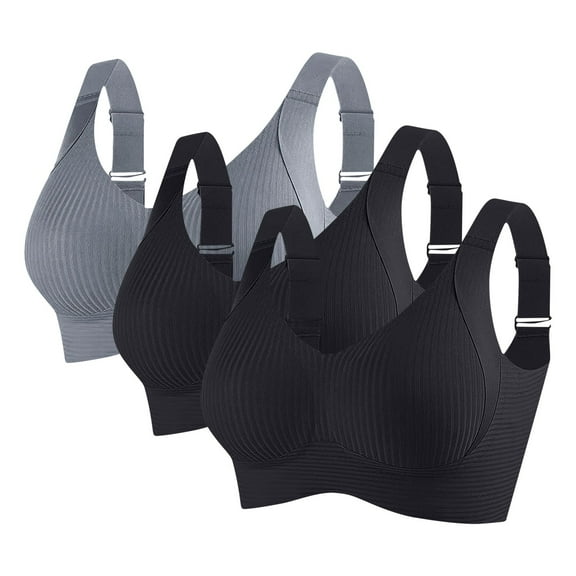 Gapacks Women's Plus Size 2XL Black Bra - Nylon Spandex, Adjustable Straps, Ribbed Design - Comfortable for Daily & Light-Moderate Activities, 3pc Value Pack