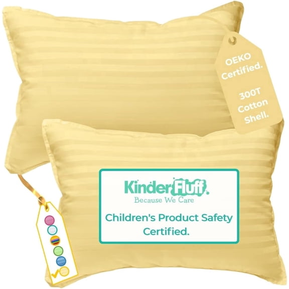 Kinder Fluff Kids Pillows, 2 Pack, 14 x 20 in, 100% Cotton Sateen Cover, Down Alternative Fill, Machine Washable, Yellow