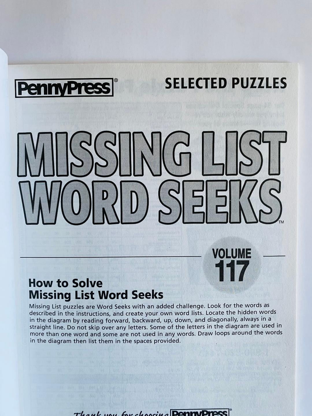 Volumes 116 and 117 of the Missing List Word Search Seek Puzzles from the Penny Press Selected Puzzle Series