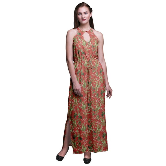 Bimba Leaves Ladies Crew Neck Waist String Print Maxi Dress with Side Slits Summer Wear-XX-Large