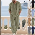 thumbnail image 4 of Men's 2 Piece Cotton Linen Outfits Long Sleeve Henley Hooded Shirt and Beach Pants Set Casual Summer Matching Set Size 3XL Army Green, 4 of 9