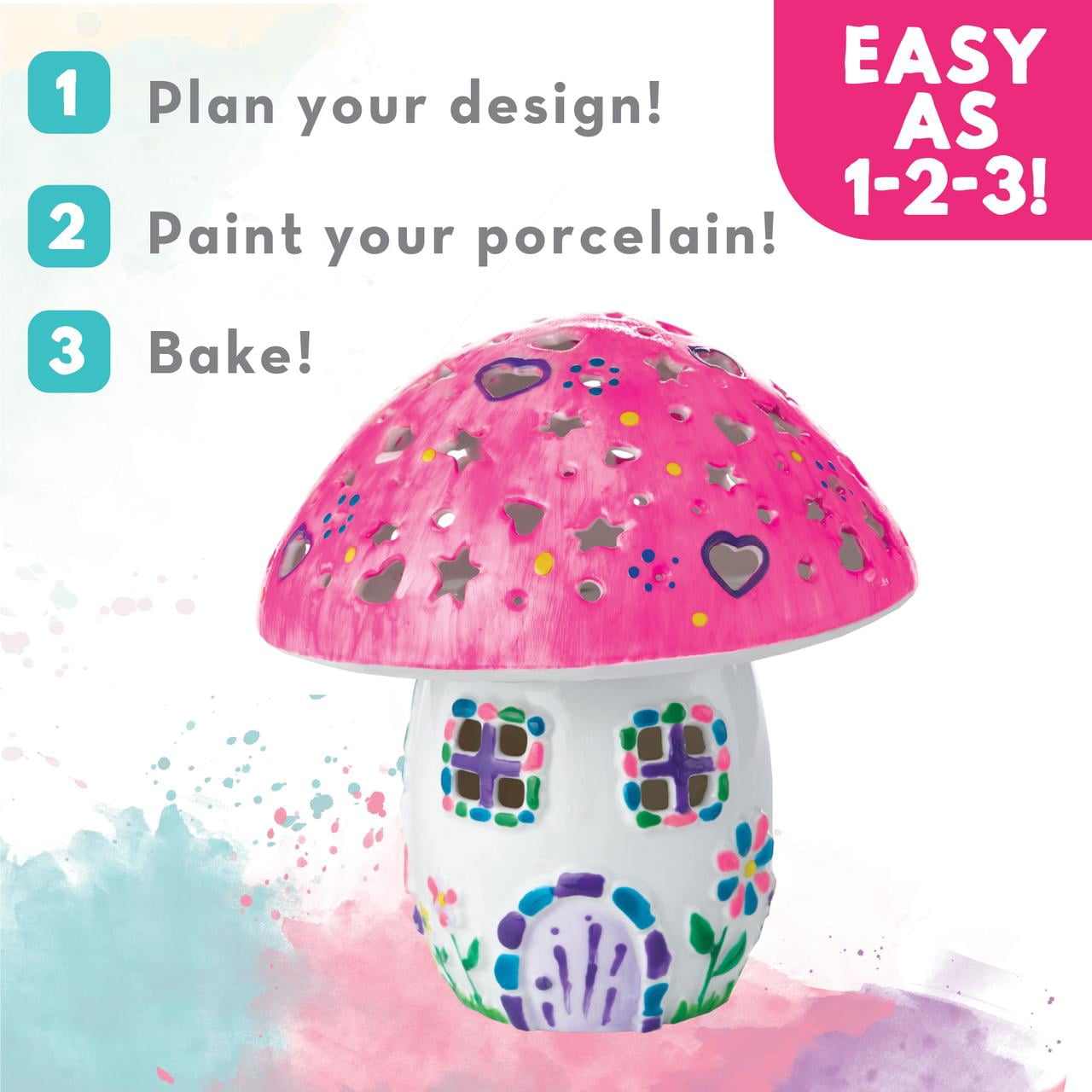 MindWare Paint Your Own Fairy Mushroom House Light, Craft Kit Includes 2 Tea Lights, Paint, Brushes and Instruction Guide