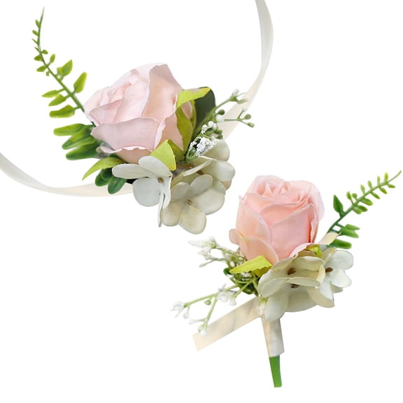 Rose Wrist Corsage and Boutonniere Set DIY 2pcs Handmade Bride Bridesmaid Wrist Corsage and Groom Boutonniere Rose Artificial Flower Silk Wristband