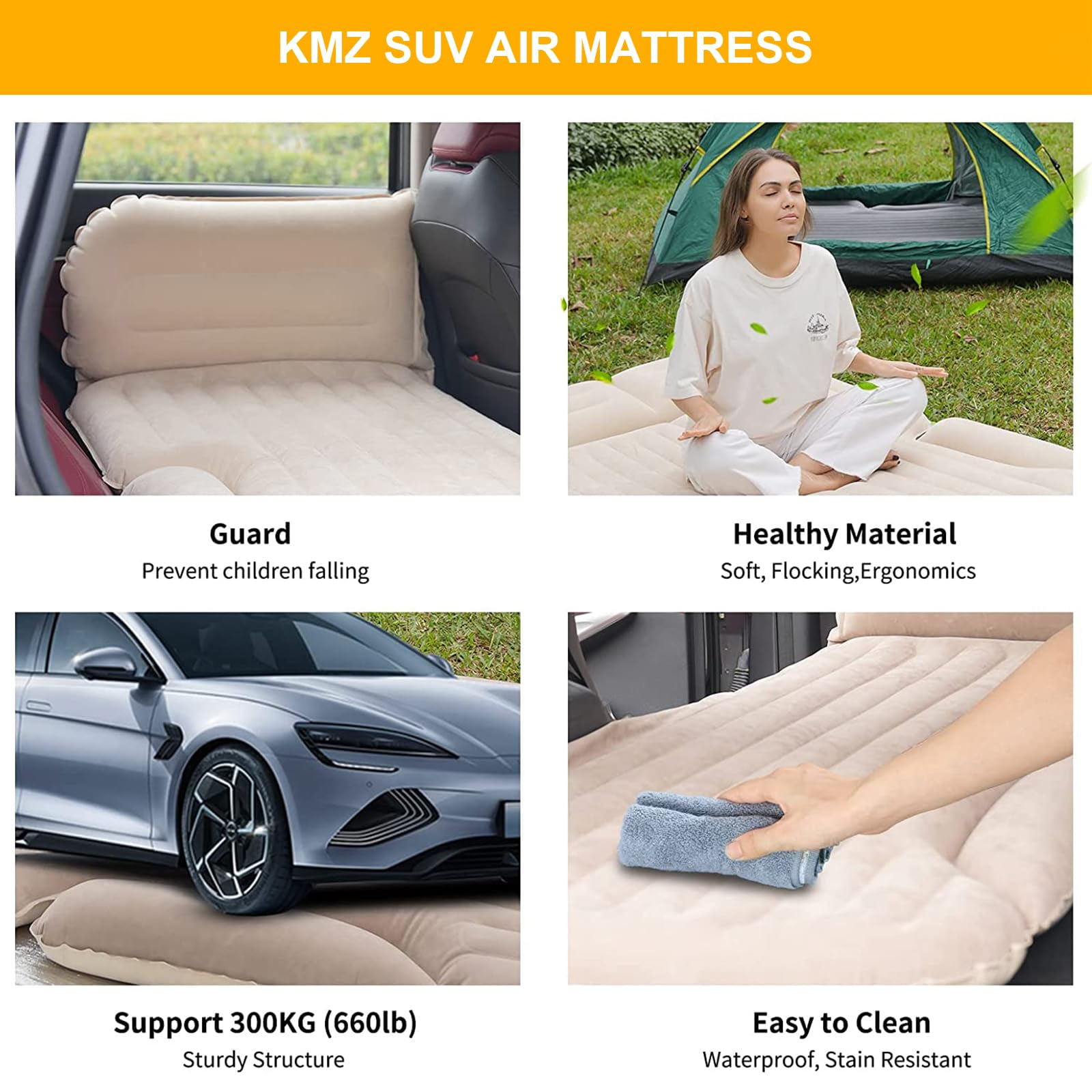 QDH SUV Air Mattress Thickened and Double-Sided Flocking Travel Camping Bed with 2 Pillows & Electric Pump Dedicated Mobile Cushion Inflatable Bed for SUV Trunk and Rear Seat (Beige and Coffee)