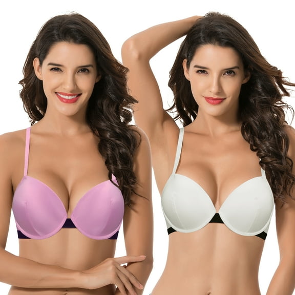 Curve Muse Women's Plus Size Add 1 and a half Cup Push Up Underwire Lace Bras -2PK-PINK,WHITE-32B