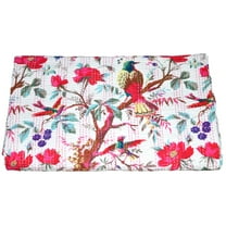 Indian Vintage Kantha Quilt Bird Print Cotton Kantha Throw Kantha Blanket Handmade Quilt King Size Kantha Bedspread White