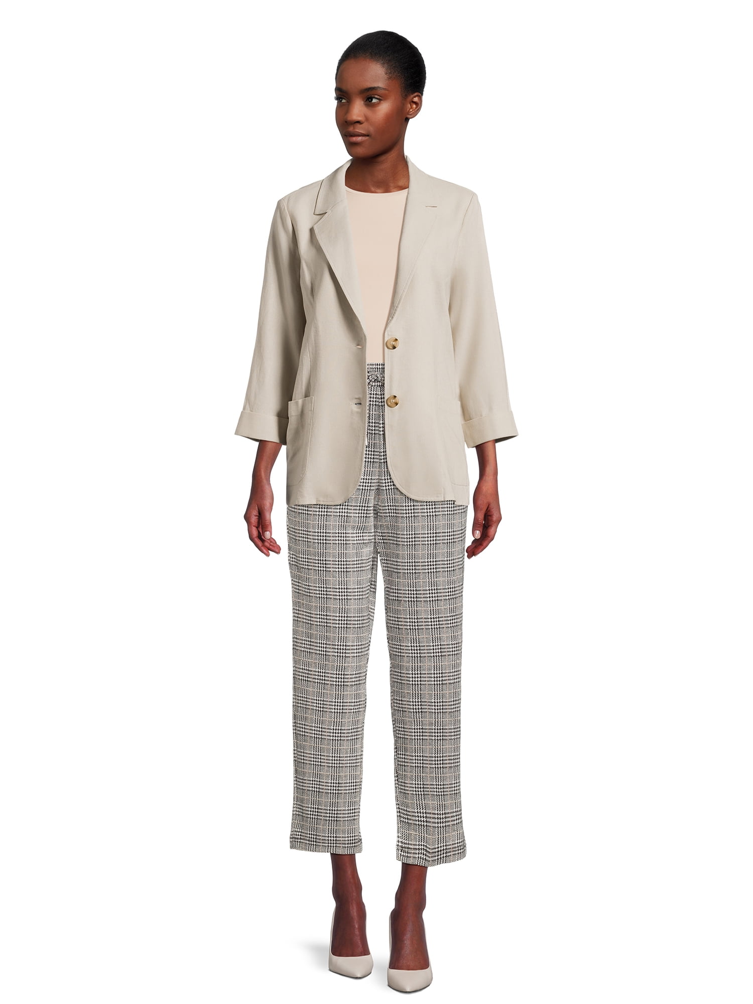 Time and Tru Women’s Linen-Blend Button Front Blazer with Patch Pockets, Sizes S-XXXL
