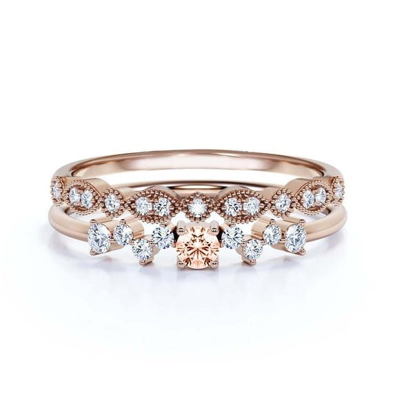 ZigZag Style 1.10 Carat Round Cut Morganite And Diamond Moissanite Unique Style Engagement Ring, Slim Ring, Wedding Ring in 10k Solid Rose Gold, Gift For Her, Promise Ring, Bridal Set, Matching Band