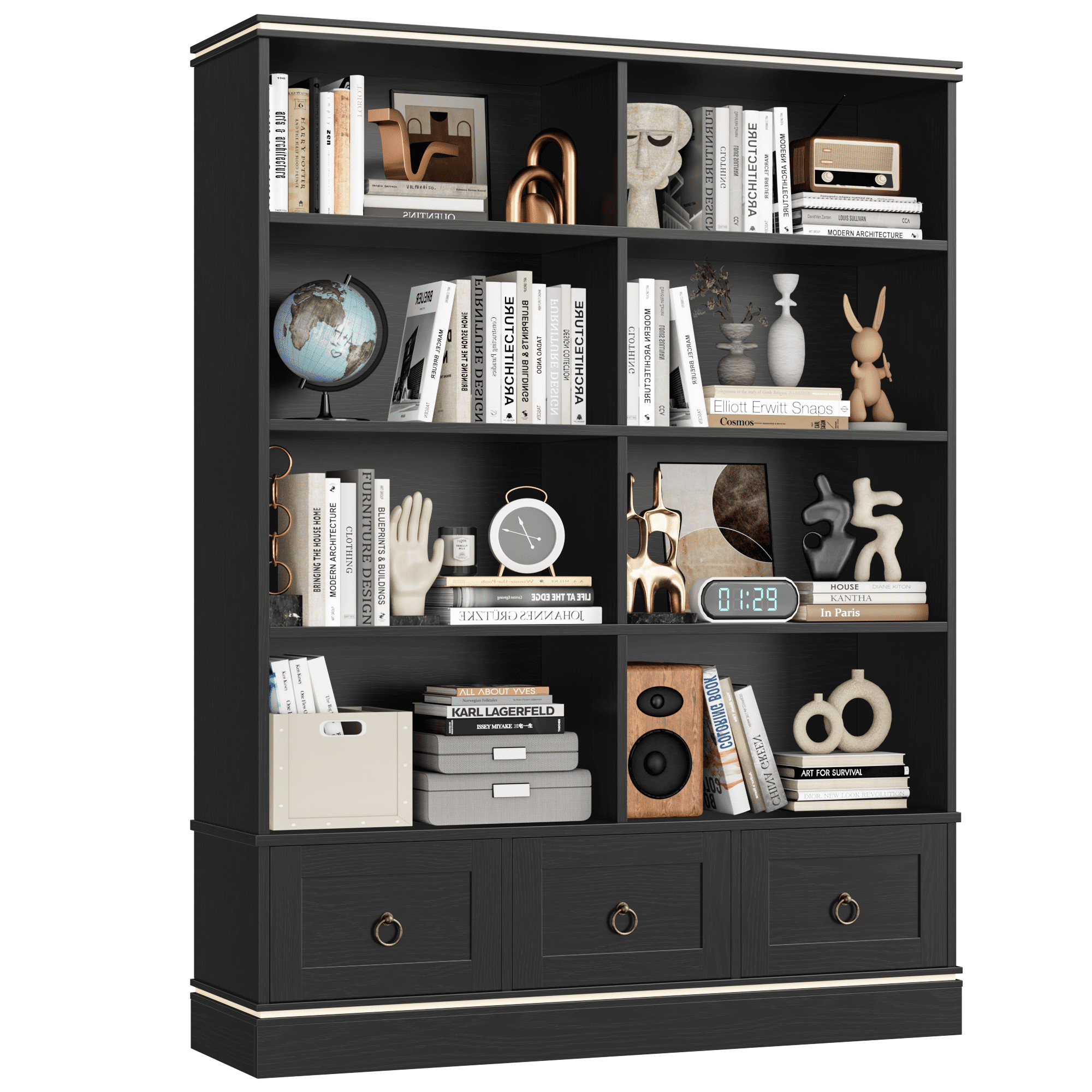 Homfa Tall Bookshelf with Drawers, Double Row 8 Cube 47'' Wide Bookcase for Living Room Office Small Space, Black