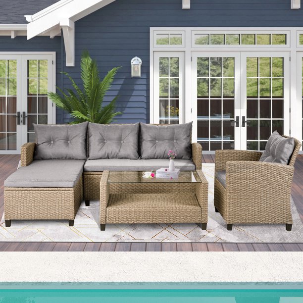 4 Piece Patio Furniture Set, AllWeather Outdoor Sectional Sofa Set, PE
