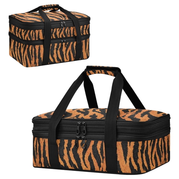 Large Double Decker Insulated Casserole Carrier Expandable 2-Layer Thermal Food Tote Bag Plush Tiger Stripe Pattern Hot Cold Pizza Lasagna Holder for Potluck Picnic Party Camping