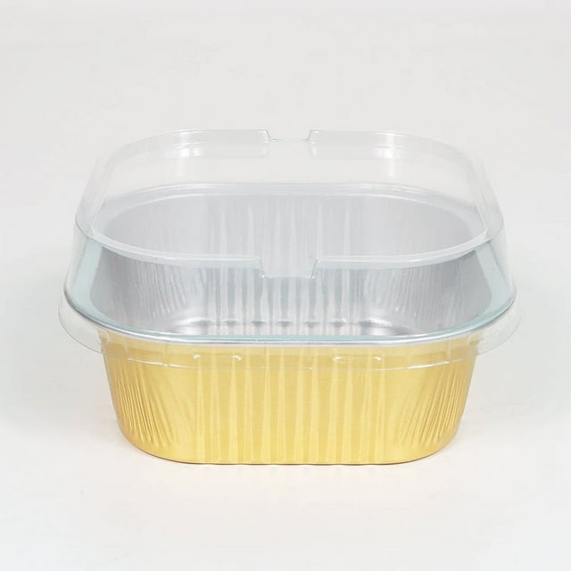 Zhuge 100 mini moldes de aluminio para hornear cupcakes con tapas, recipientes desechables para pasteles, moldes para flan, pudín, suflé, fiesta, boda (dorado)