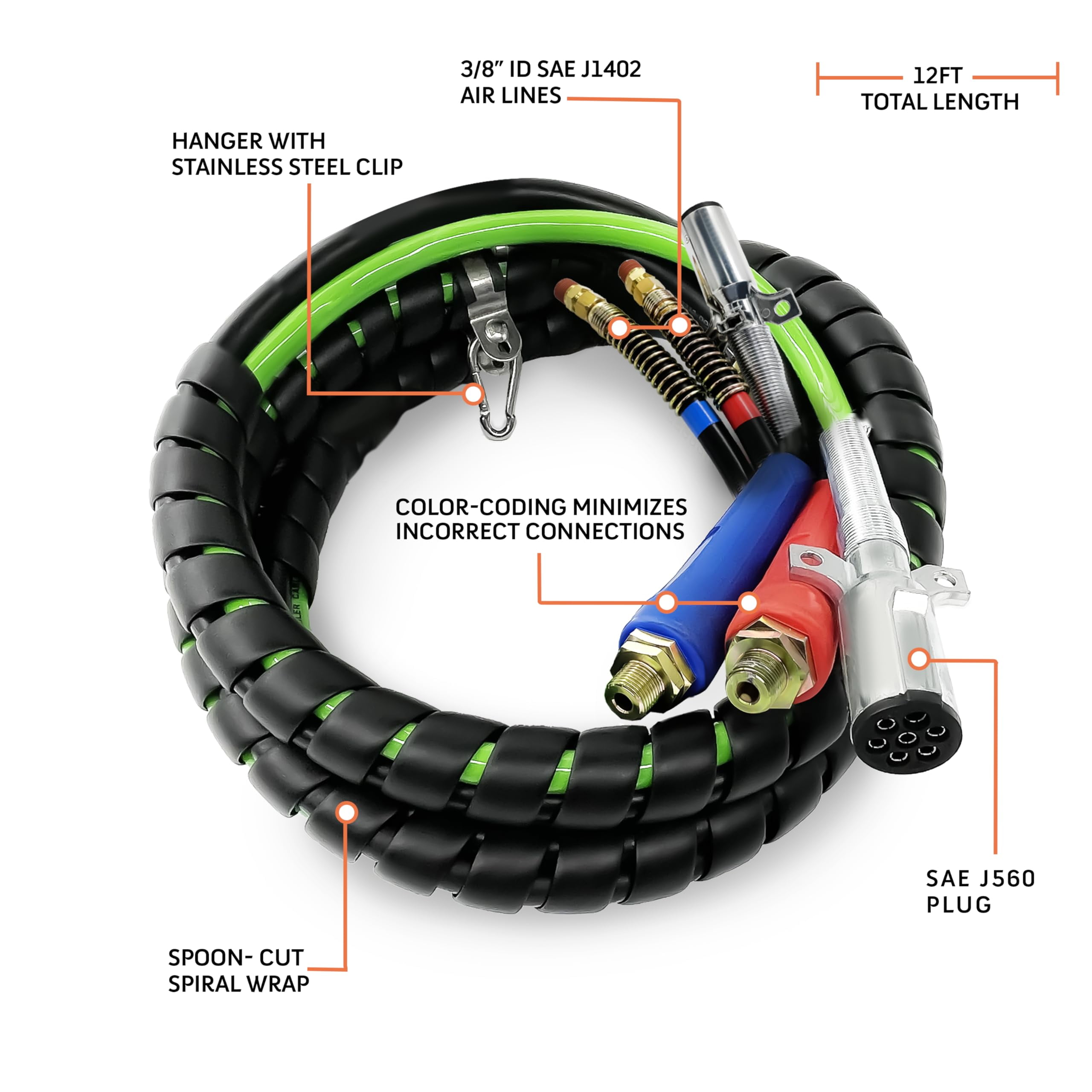 TORQUE 12ft 3 in 1 ABS & Power Air Line Hose Kit Airline Air Hose Wrap 7 Way Electrical Cable Air Lines with Handle Grip Airlines for Semi Truck Trailer Tractor (TR813212)