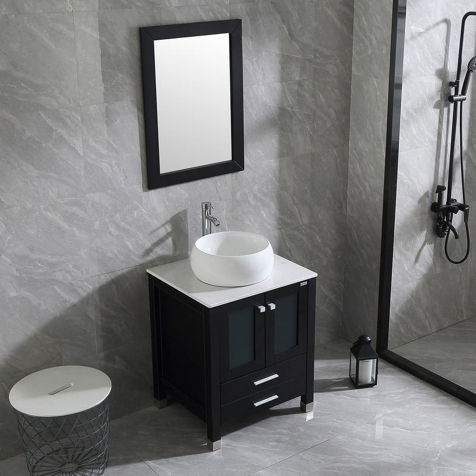 Walsport 24" Luxurious Bathroom Vanity Set with Mirror Black Cabinet and White Ceramic Vessel Sink 2 Large Sliding Drawers and 2-Door Pop-up Drain Faucet