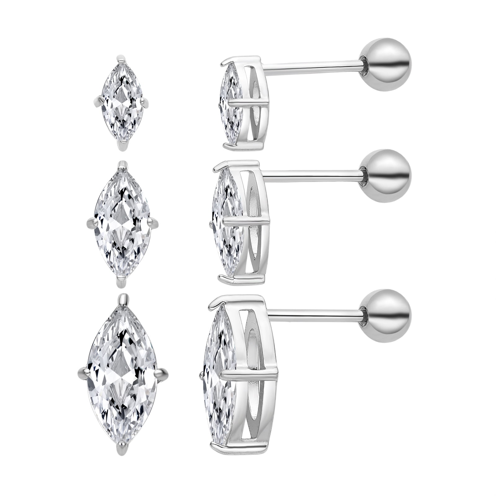 3 Pairs Surgical Stainless Steel Screw Back Stud Earrings, Heart Square