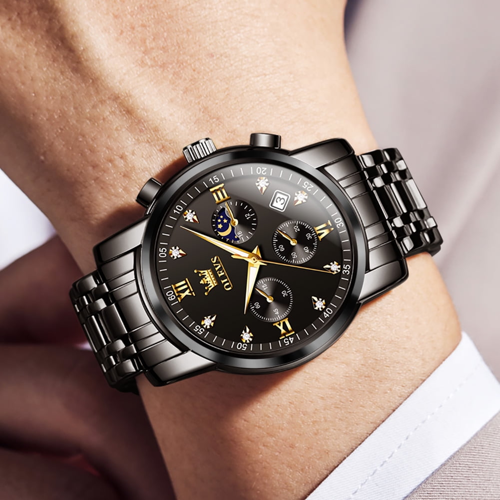 OLEVS Watches for Men Luxury Dress Casual Analog Quartz Gold Plated Stainless Steel Chronograph Moon Phase Waterproof Luminous Date Business Mens Wrist Watches Reloj Para Hombre