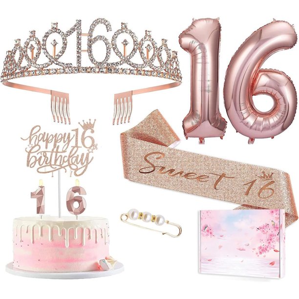 6 Piezas De Decoración Para Fiesta De 16 Cumpleaños Que Incluyen Adorno Para Tarta, Faja De Reina Del Cumpleaños Con Alfileres De Perlas, Corona De Brillantes, Velas Con Números Y Juego De Globos