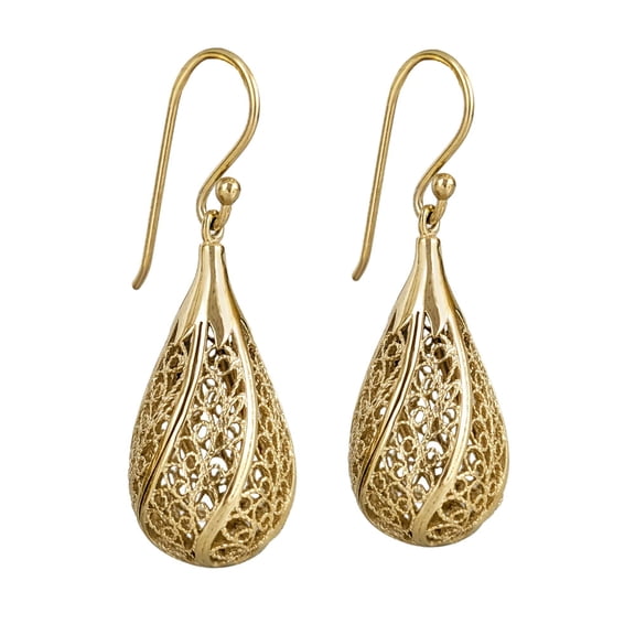 Turkish Bling Filigree Teardrop Drop Earrings Multi-Layer Gold Finish