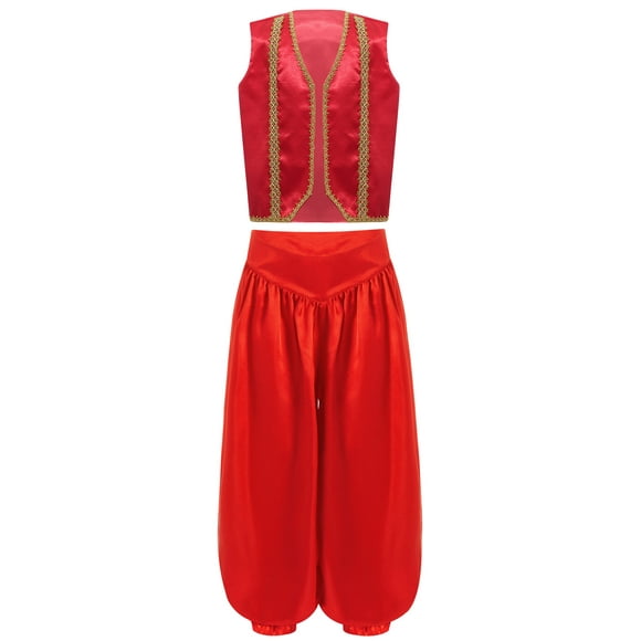 Ocealan Kids Boys Mythical Arabian Prince Costume Halloween Carnival Dress Up Vest with Bloomers Pants Suit Burgundy 16