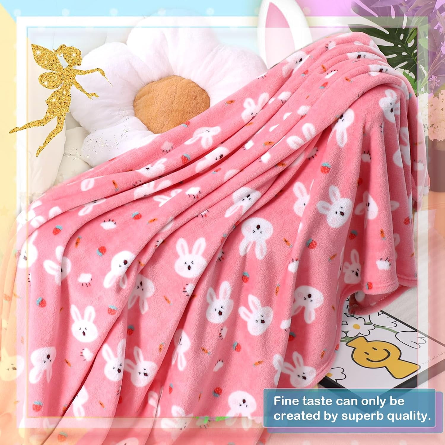 Warm Soft Teenagers Fleece Blankets for Women with Cartoon Bunny Pattern Print - Cozy Fuzzy Plush Flannel Users Blanket for Daycare & School - 50x60 inches (Pink)