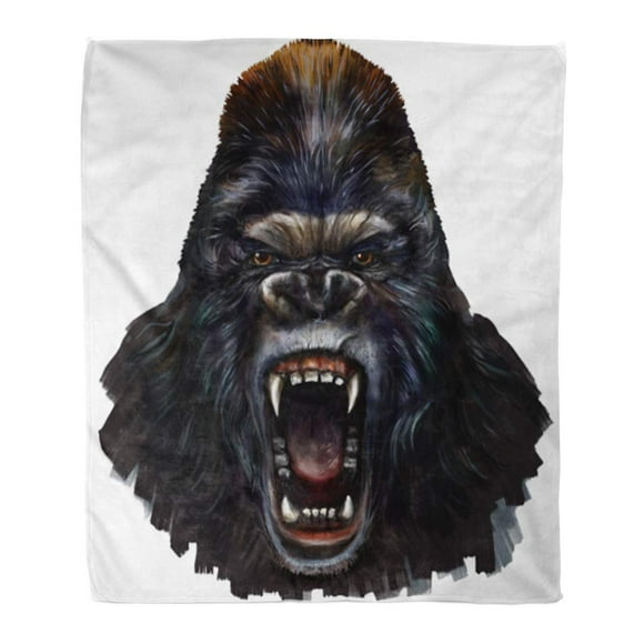 POGLIP 50x60 inch Super Soft Throw Blanket Brown King Gorilla Scream Digital Painting Silver Kong Face Angry Head Brush Home Decorative Flannel Velvet Plush Blanket