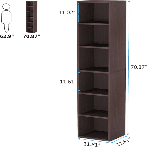 70.9" Narrow Tall 6-Tier Cube Bookcase, 30lbs/Shelf, High-Quality MDF + 2 Anti-Tip Kits, Multi-Room Storage for Living Room, Bedroom, Bathroom