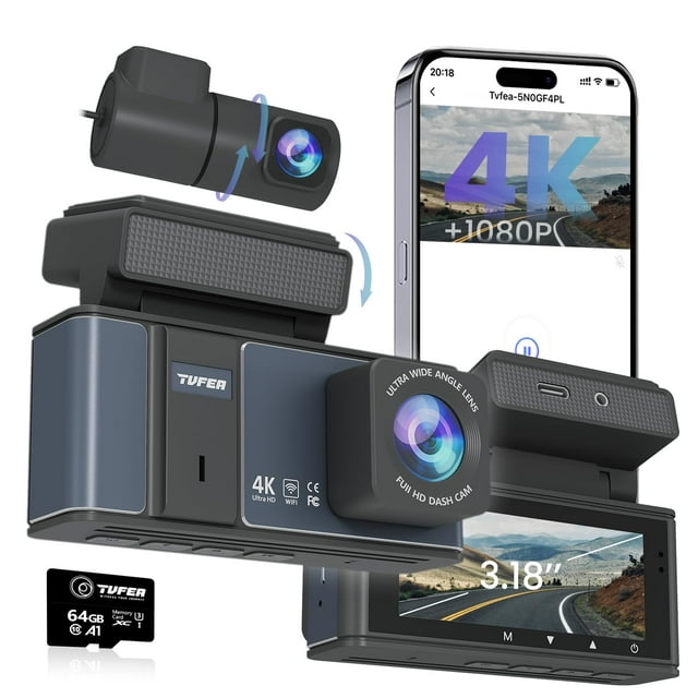 Cámara frontal y trasera Dashcam TVFEA C5S 4K, WiFi, tarjeta de 64 GB