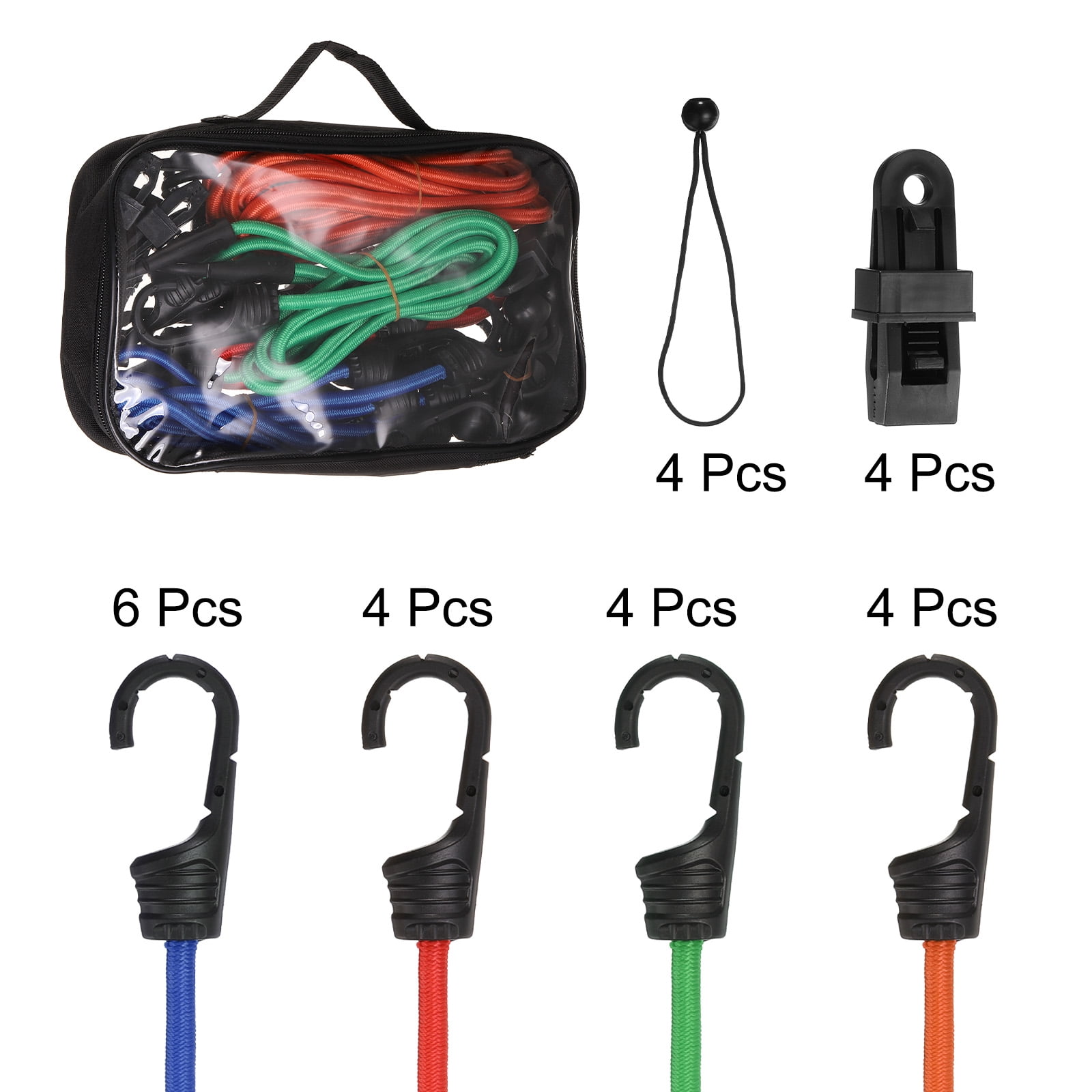 Uxcell 26pcs Bungee Cord with Hooks 18", 24", 32", 48" (4) Tarp Clips (4) Ball Bungee Rubber Bungee Cords