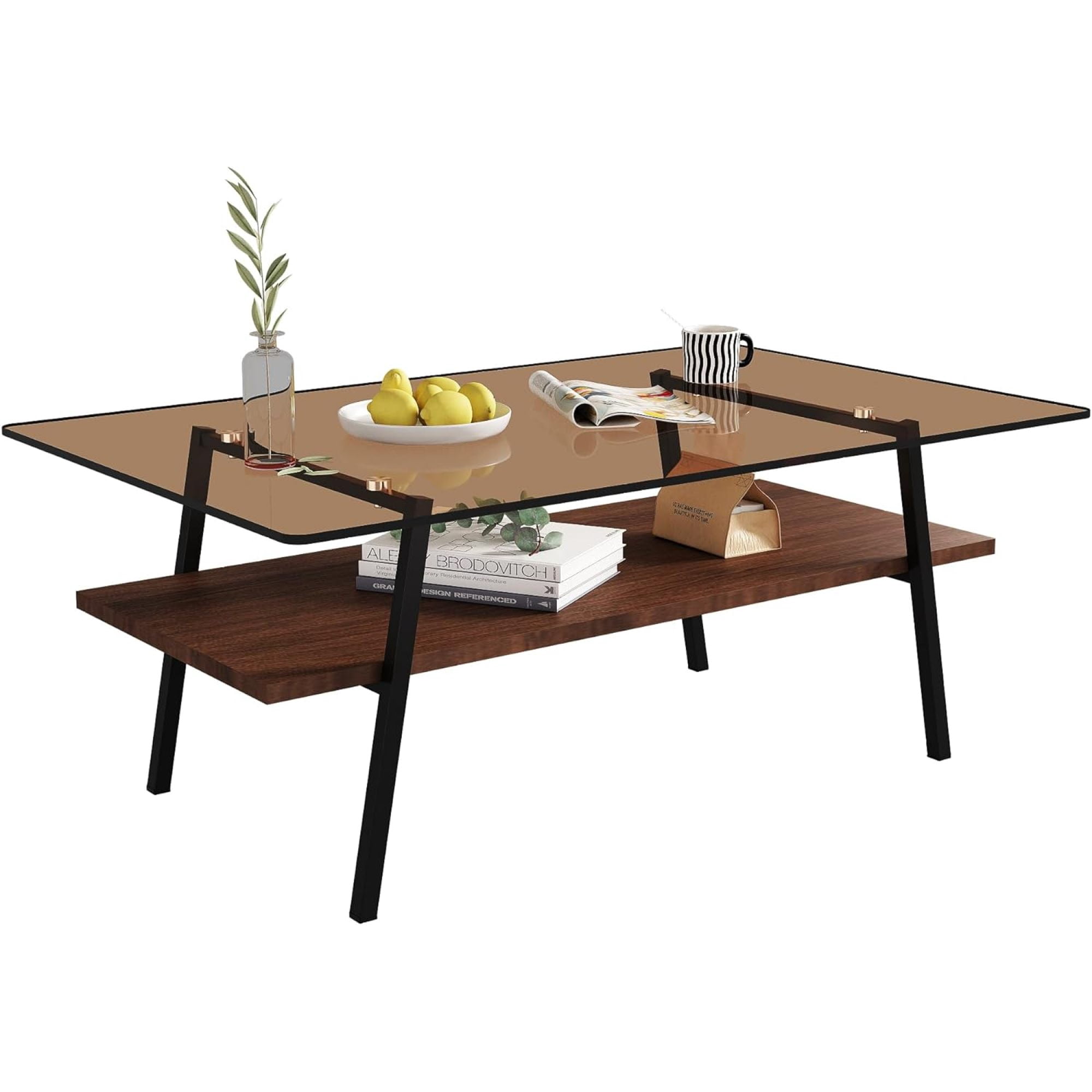 BJSN Glass Coffee Table for Living Room Small Gold Mid Century Coffee Table for Living Room with Wood Shelves (Black Frame, Transparent Glass   Brown Wood),Brown Glass   Brown Wood